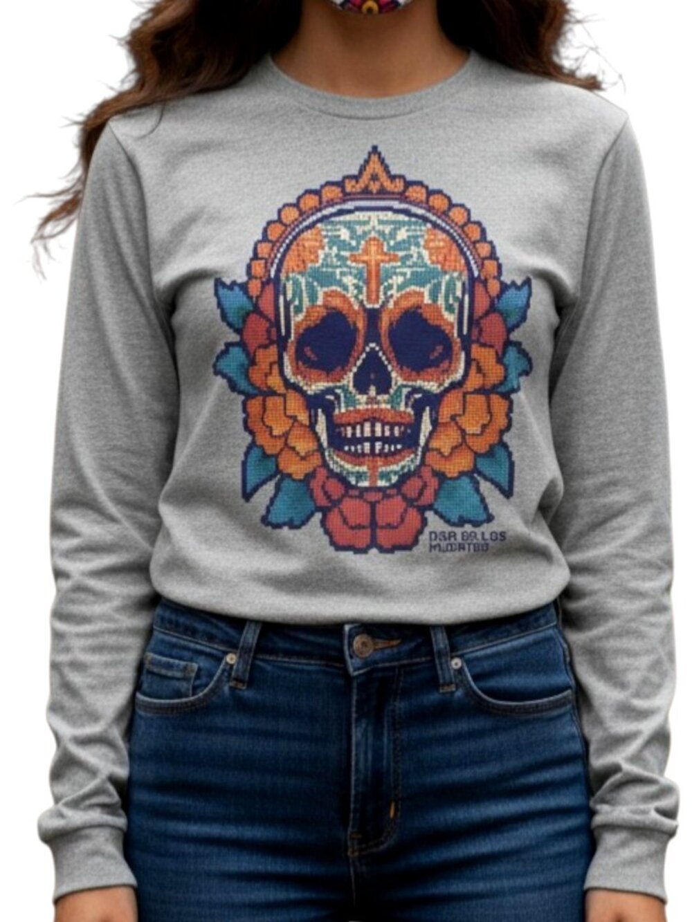 Dia De Los Muertos Women's L Gray Long Sleeve Shirt Colorful Sugar Skull Design